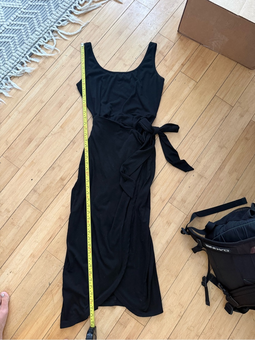 Exlura Black Scoop Neck Faux Wrap Side Tie Slit Midi Dress Large